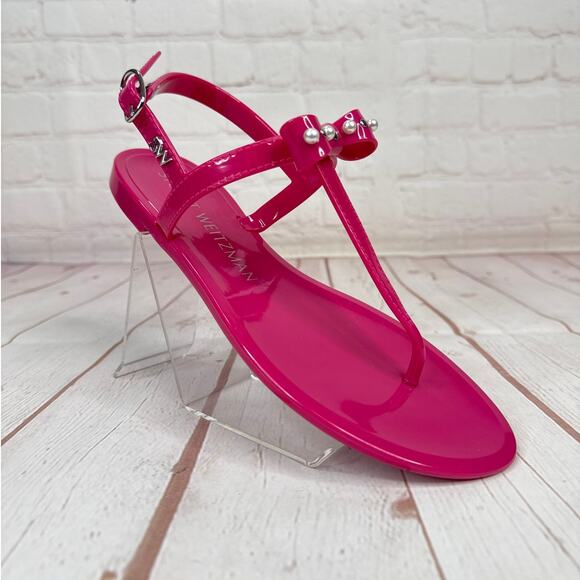 Stuart Weitzman Imitation Pearl Bow Jelly Pink Ankle Strap Sandals Women’s Sz 6B - Picture 1 of 8